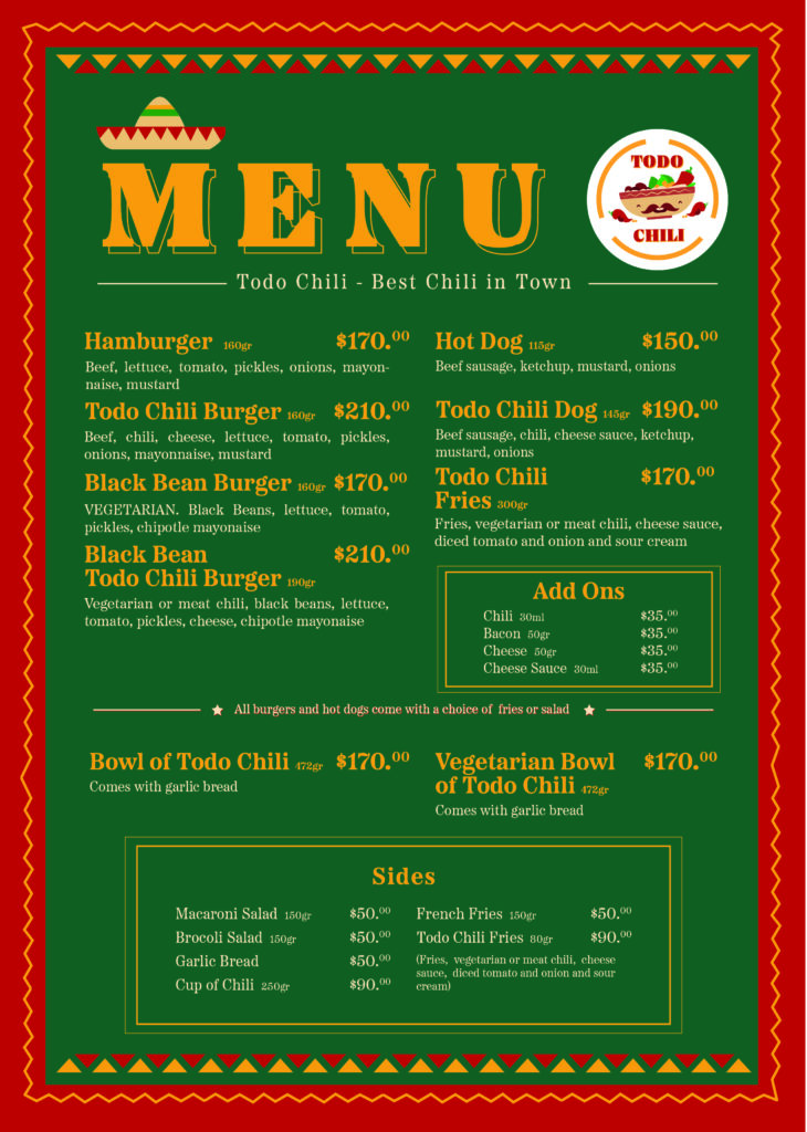 Todo Chili Menu. Page 1 (English)