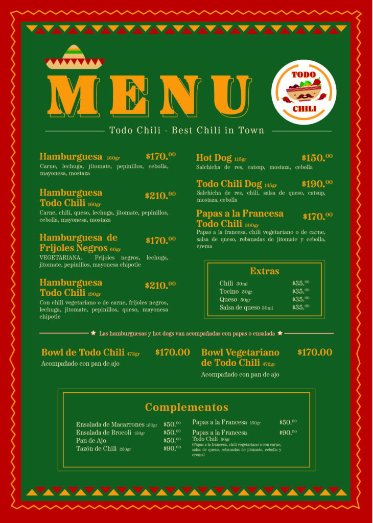 Todo Chili Menu. Page 1 (Español)